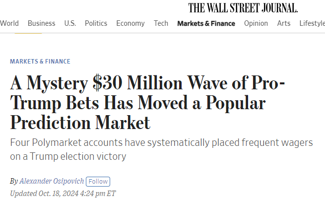 “트럼프 승리에 투자된 3천만 달러의 수수께끼 자금이 유명한 예측 시장을 움직였다”는 제목의 월스트리트저널 기사. 체계적으로 투자됐다는 부제가 달렸다. 월스트리트저널 홈페이지 갈무리